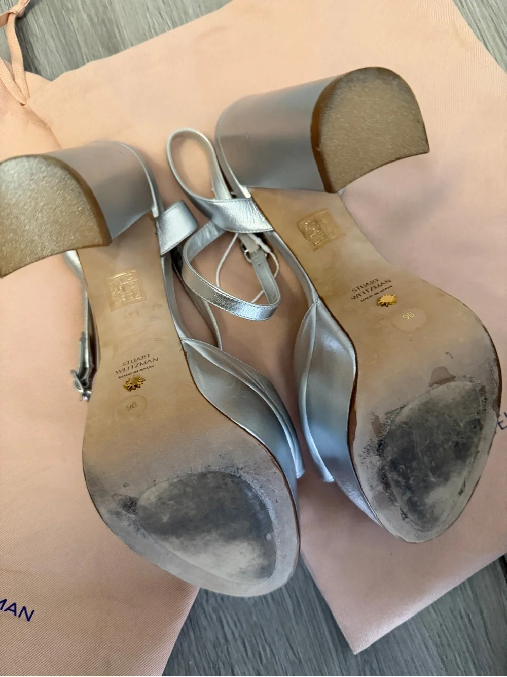 Stuart Weitzman Metallic Silver Platform Block Heel Sandals like new!!